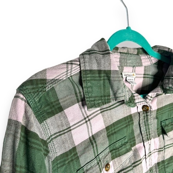 Carhartt Green Purple Flannel Shirt Size Medium Long Sleeve Plaid Collared Shirt - Picture 7 of 7